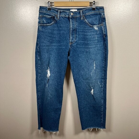 Boyish Tommy Stretch High Rise Straight Jeans Size 31 Ankle Frayed Hem Blue - Picture 1 of 13